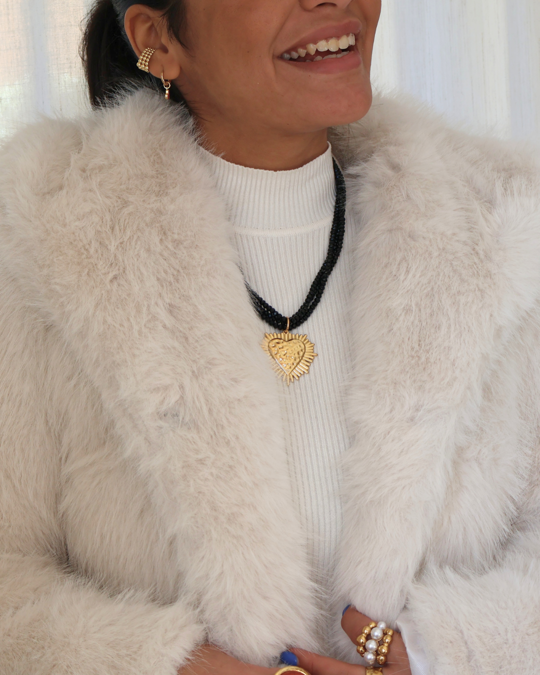 Black Beaded Sacred Heart Necklace