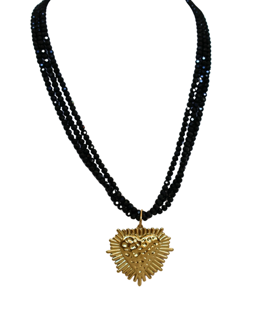 Black Beaded Sacred Heart Necklace